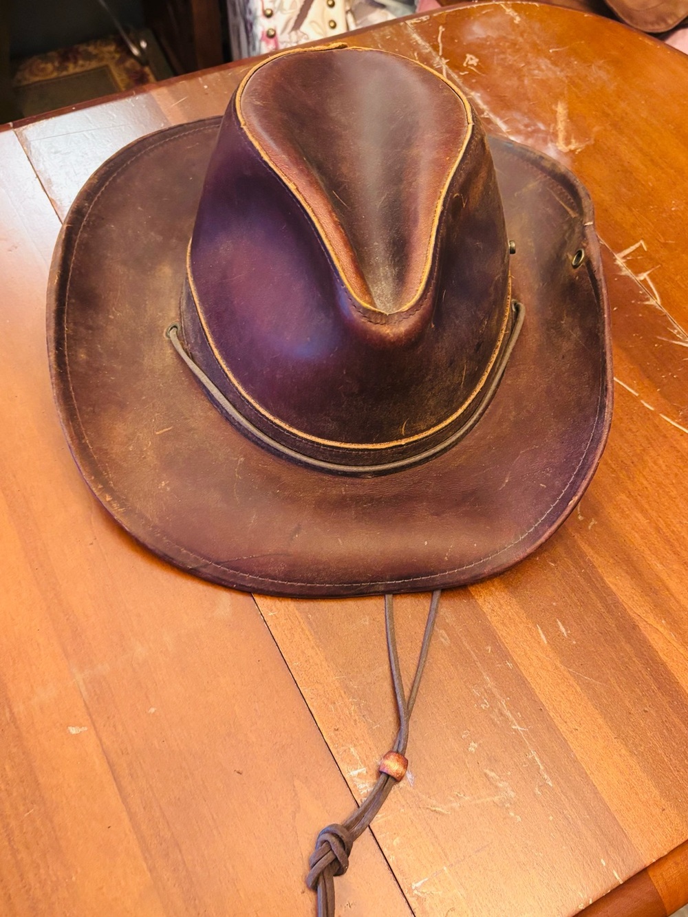 Vintage Henschel Brown Leather Hat XL Made In USA Indiana Jones Style